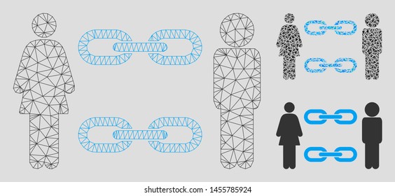 Mesh family chains model with triangle mosaic icon. Wire frame polygonal mesh of family chains. Vector mosaic of triangle elements in various sizes, and color hues. Abstract flat mesh family chains,