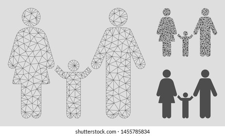 Mesh family child model with triangle mosaic icon. Wire carcass polygonal mesh of family child. Vector mosaic of triangle parts in various sizes, and color hues. Abstract flat mesh family child,