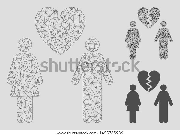 Mesh family divorce model with triangle mosaic
icon. Wire frame polygonal mesh of family divorce. Vector mosaic of
triangle parts in various sizes, and color shades. Abstract 2d mesh
family divorce,