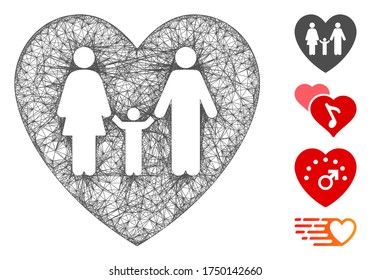 Mesh family love heart web 2d vector illustration. Carcass model is based on family love heart flat icon. Mesh forms abstract family love heart flat carcass.