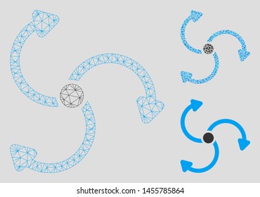 Mesh fan rotation model with triangle mosaic icon. Wire carcass polygonal mesh of fan rotation. Vector composition of triangle elements in different sizes, and color hues.