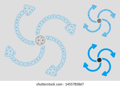 Mesh fan rotation model with triangle mosaic icon. Wire carcass polygonal mesh of fan rotation. Vector mosaic of triangle parts in different sizes, and color tinges. Abstract flat mesh fan rotation,