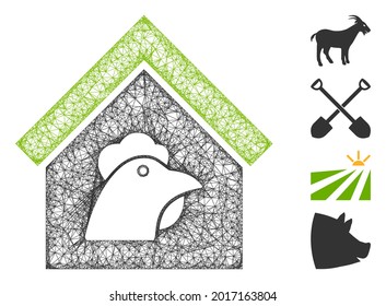 Mesh farm web 2d vector illustration. Model is based on farm flat icon. Mesh forms abstract farm flat model. wireframe 2D web network isolated on a white background. Bonus icons are added.