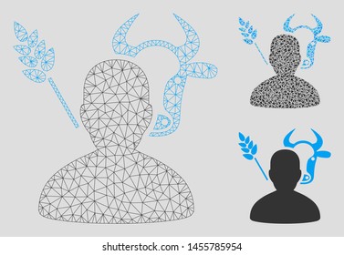 Mesh farmer model with triangle mosaic icon. Wire frame polygonal mesh of farmer. Vector collage of triangle parts in various sizes, and color tinges. Abstract flat mesh farmer,