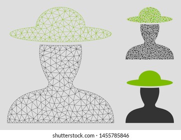 Mesh farmer person model with triangle mosaic icon. Wire carcass triangular network of farmer person. Vector mosaic of triangle elements in different sizes, and color tinges.
