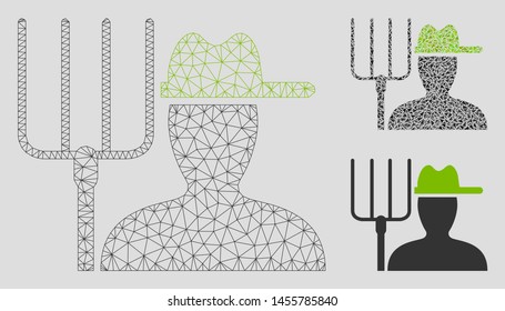 Mesh farmer with pitchfork model with triangle mosaic icon. Wire frame triangular mesh of farmer with pitchfork. Vector mosaic of triangle parts in various sizes, and color tinges.