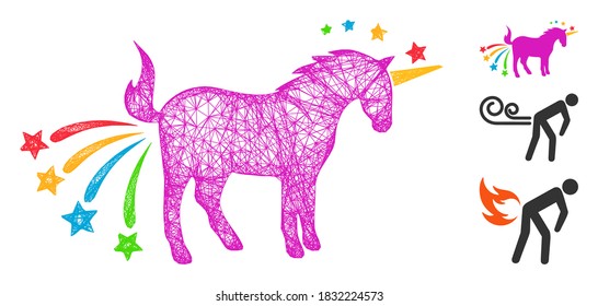 Mesh farting unicorn polygonal web symbol vector illustration. Abstraction is based on farting unicorn flat icon. Triangle network forms abstract farting unicorn flat carcass.