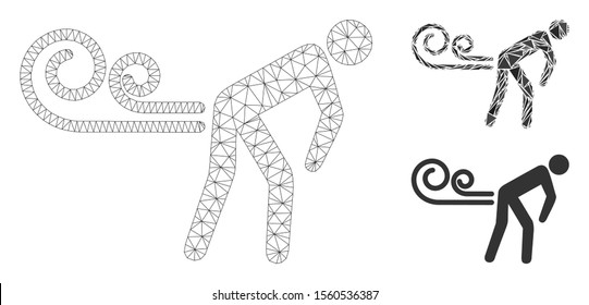 Mesh farting wind model with triangle mosaic icon. Wire frame triangular mesh of farting wind. Vector mosaic of triangle elements in variable sizes, and color tones. Abstract 2d mesh farting wind,