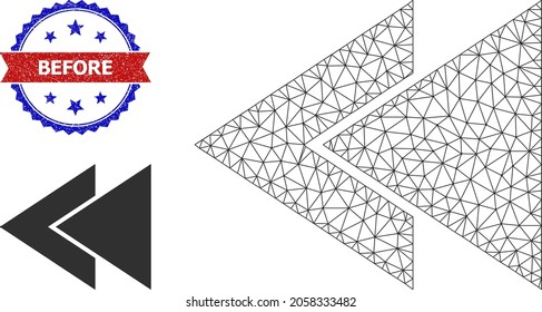 Mesh fast back rewind wireframe illustration, and bicolor rubber Before seal. Mesh wireframe illustration based on fast back rewind pictogram.