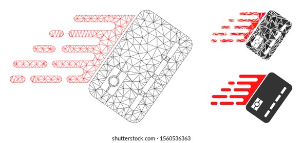 Mesh fast banking card model with triangle mosaic icon. Wire carcass triangular mesh of fast banking card. Vector mosaic of triangle parts in various sizes, and color shades.
