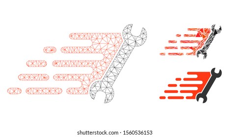 Mesh fast repair model with triangle mosaic icon. Wire carcass triangular mesh of fast repair. Vector mosaic of triangles in different sizes, and color hues. Abstract flat mesh fast repair,