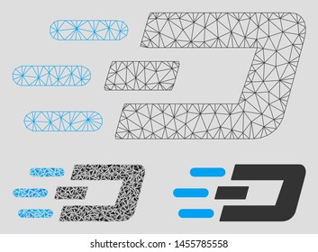 Mesh fast send Dash model with triangle mosaic icon. Wire carcass triangular mesh of fast send Dash. Vector mosaic of triangle elements in different sizes, and color shades.