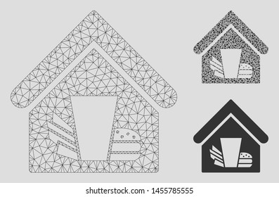 Mesh fastfood cafe model with triangle mosaic icon. Wire frame triangular mesh of fastfood cafe. Vector mosaic of triangle parts in different sizes, and color tones. Abstract 2d mesh fastfood cafe,