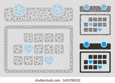 Mesh favourite days model with triangle mosaic icon. Wire carcass polygonal mesh of favourite days. Vector collage of triangle elements in different sizes, and color hues.