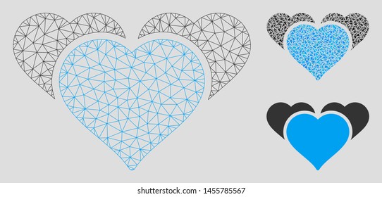 Mesh favourite hearts model with triangle mosaic icon. Wire carcass triangular network of favourite hearts. Vector mosaic of triangle elements in variable sizes, and color hues.