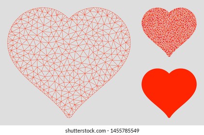 Mesh favourite model with triangle mosaic icon. Wire frame triangular mesh of favourite. Vector mosaic of triangle parts in various sizes, and color shades. Abstract 2d mesh favourite,