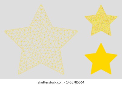Mesh favourites model with triangle mosaic icon. Wire frame polygonal mesh of favourites. Vector mosaic of triangle parts in variable sizes, and color tones. Abstract flat mesh favourites,