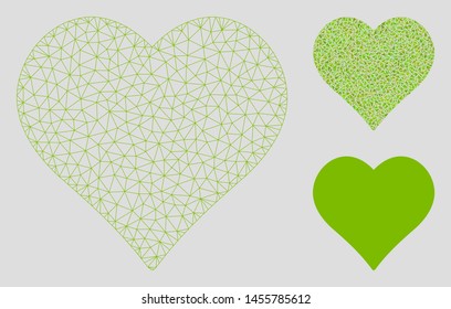 Mesh favourites model with triangle mosaic icon. Wire carcass triangular network of favourites. Vector mosaic of triangle elements in variable sizes, and color tinges. Abstract flat mesh favourites,