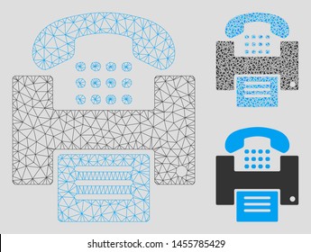 Mesh fax model with triangle mosaic icon. Wire frame triangular mesh of fax. Vector mosaic of triangles in different sizes, and color tinges. Abstract flat mesh fax, designed with triangles.