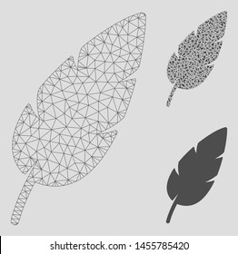 Mesh feather model with triangle mosaic icon. Wire carcass polygonal mesh of feather. Vector mosaic of triangle elements in different sizes, and color tinges. Abstract 2d mesh feather,