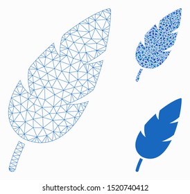 Mesh feather model with triangle mosaic icon. Wire frame polygonal mesh of feather. Vector mosaic of triangle elements in various sizes, and color shades. Abstract flat mesh feather,