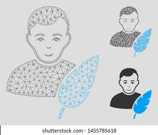 Mesh feather writer model with triangle mosaic icon. Wire frame polygonal mesh of feather writer. Vector mosaic of triangle elements in various sizes, and color tones.