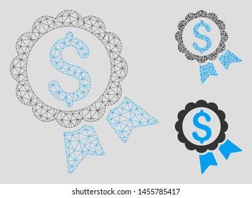 Mesh featured price label model with triangle mosaic icon. Wire frame triangular mesh of featured price label. Vector collage of triangle parts in various sizes, and color tinges.