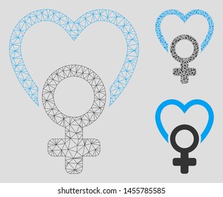 Mesh female love model with triangle mosaic icon. Wire carcass triangular mesh of female love. Vector mosaic of triangle parts in different sizes, and color tones. Abstract flat mesh female love,
