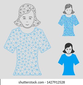 Mesh female model with triangle mosaic icon. Wire frame triangular mesh of female. Vector composition of triangle parts in various sizes, and color hues. Abstract flat mesh female,