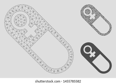 Mesh female pill model with triangle mosaic icon. Wire carcass polygonal network of female pill. Vector mosaic of triangle elements in variable sizes, and color tints. Abstract flat mesh female pill,