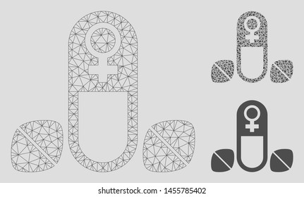 Mesh female power tablets model with triangle mosaic icon. Wire frame polygonal mesh of female power tablets. Vector mosaic of triangle elements in different sizes, and color tones.