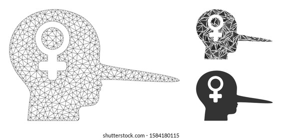Mesh female scammer model with triangle mosaic icon. Wire frame triangular mesh of female scammer. Vector collage of triangle parts in different sizes, and color hues.