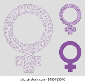 Mesh female symbol model with triangle mosaic icon. Wire carcass polygonal mesh of female symbol. Vector composition of triangle parts in different sizes, and color tints.