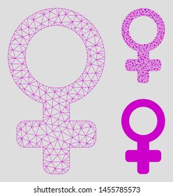 Mesh female symbol model with triangle mosaic icon. Wire carcass polygonal mesh of female symbol. Vector collage of triangle elements in various sizes, and color tinges.