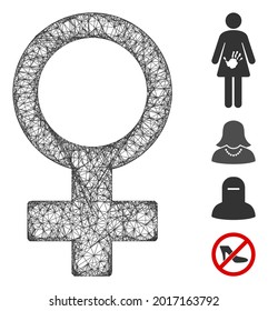 Ilustración vectorial 2d de la tela de símbolo hembra de malla. El modelo de canal se basa en un icono plano de símbolo femenino. Formas de red símbolo femenino abstracto de canal plano.