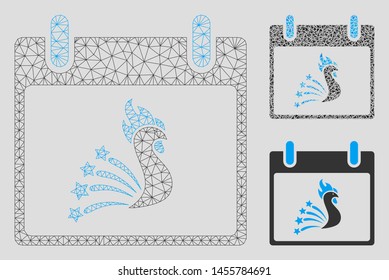 Mesh festive rooster calendar day model with triangle mosaic icon. Wire carcass triangular mesh of festive rooster calendar day. Vector mosaic of triangle elements in variable sizes, and color tints.