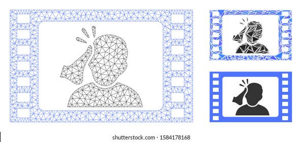 Mesh fight movie model with triangle mosaic icon. Wire frame polygonal mesh of fight movie. Vector mosaic of triangles in different sizes, and color tones. Abstract flat mesh fight movie,