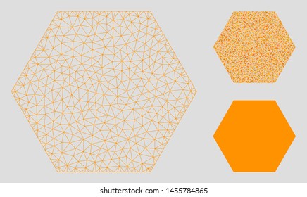 Mesh filled hexagon model with triangle mosaic icon. Wire frame triangular mesh of filled hexagon. Vector mosaic of triangle parts in various sizes, and color tints. Abstract flat mesh filled hexagon,