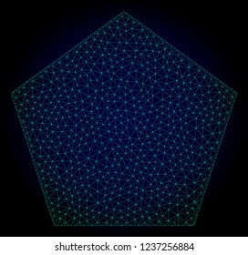 Mesh filled pentagon polygonal illustration. Abstract mesh lines, triangles and points on dark background with filled pentagon.