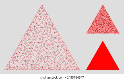 Mesh filled triangle model with triangle mosaic icon. Wire carcass polygonal mesh of filled triangle. Vector mosaic of triangle elements in variable sizes, and color tinges.