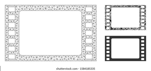 Mesh film frame model with triangle mosaic icon. Wire frame polygonal mesh of film frame. Vector composition of triangle elements in various sizes, and color shades. Abstract 2d mesh film frame,