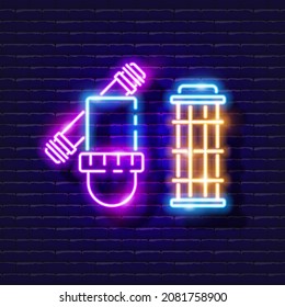 Filtro de malla para ícono de neón de riego por goteo. Sistema de riego, sistema de riego, manguera y accesorios con señal de brillo. Ilustración vectorial para el diseño, sitio web, publicidad, tienda, mercancías.
