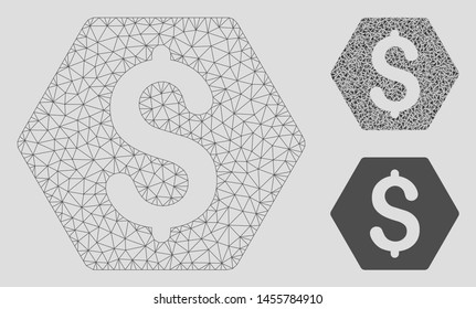 Mesh finance model with triangle mosaic icon. Wire carcass polygonal mesh of finance. Vector mosaic of triangle parts in various sizes, and color hues. Abstract 2d mesh finance,