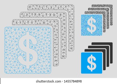 Mesh finances model with triangle mosaic icon. Wire frame triangular mesh of finances. Vector mosaic of triangle parts in different sizes, and color tones. Abstract flat mesh finances,