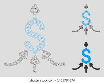 Mesh financial aggregator model with triangle mosaic icon. Wire carcass triangular network of financial aggregator. Vector mosaic of triangle parts in different sizes, and color tones.