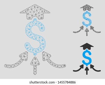 Mesh financial aggregator model with triangle mosaic icon. Wire frame polygonal mesh of financial aggregator. Vector collage of triangle elements in variable sizes, and color shades.