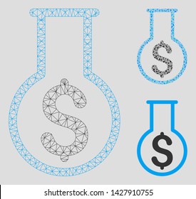 Mesh financial alchemy model with triangle mosaic icon. Wire carcass polygonal mesh of financial alchemy. Vector mosaic of triangle elements in variable sizes, and color hues.