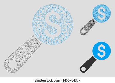 Mesh financial audit model with triangle mosaic icon. Wire carcass polygonal network of financial audit. Vector mosaic of triangle elements in different sizes, and color shades.