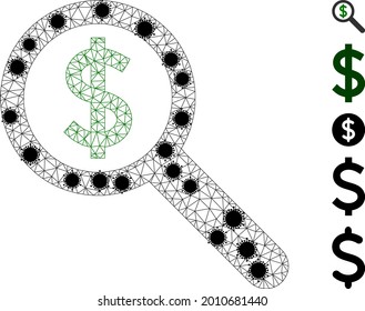 Ilustración de vectores de iconos poligonales de auditoría financiera en malla, con nodos de virus negros. El modelo Carcass se basa en un icono plano de auditoría financiera, con nodos de coronavirus y red poligonal.