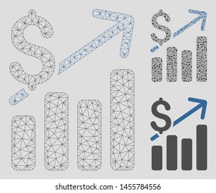 Mesh financial chart model with triangle mosaic icon. Wire frame polygonal mesh of financial chart. Vector mosaic of triangle elements in different sizes, and color shades.